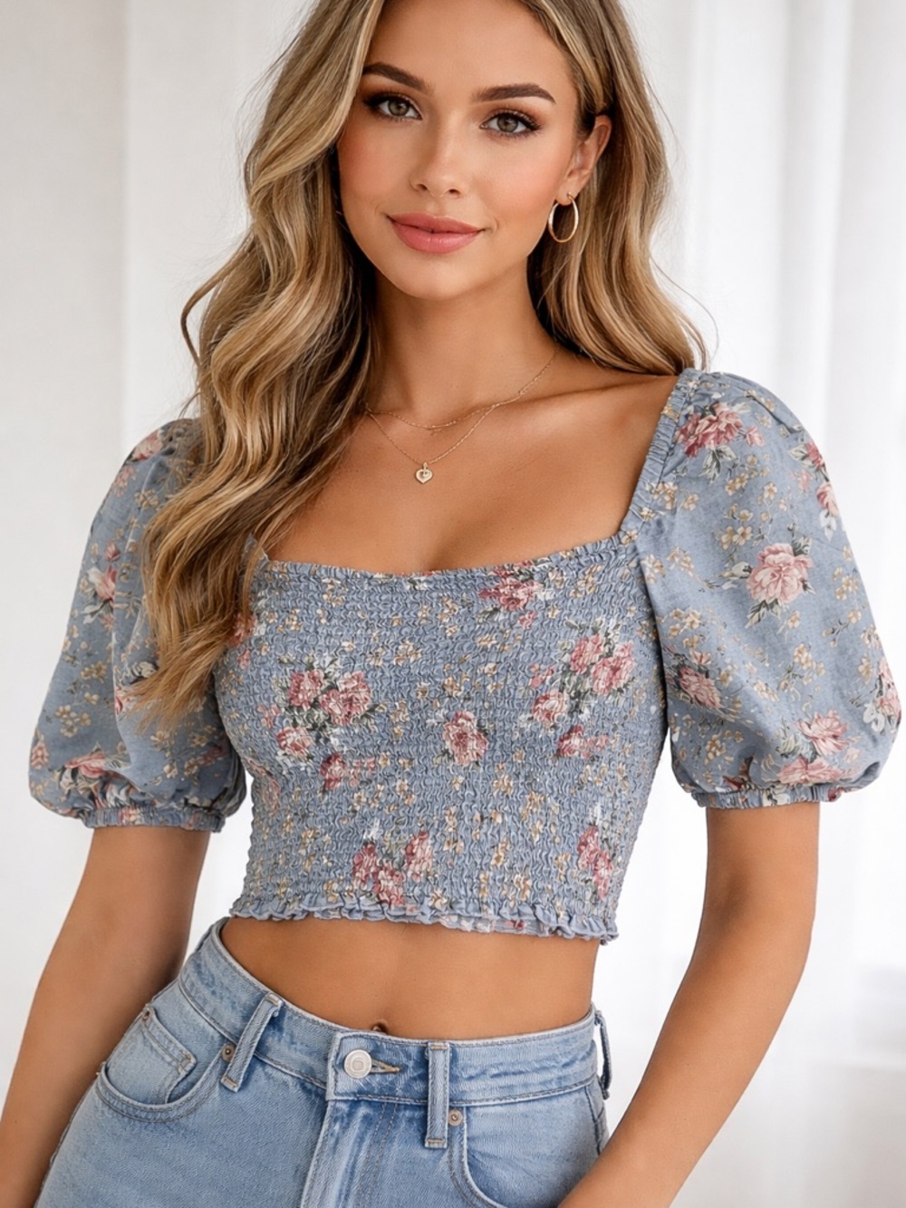 American Eagle Outfitters Dusty Blue Floral Smocked Crop Top